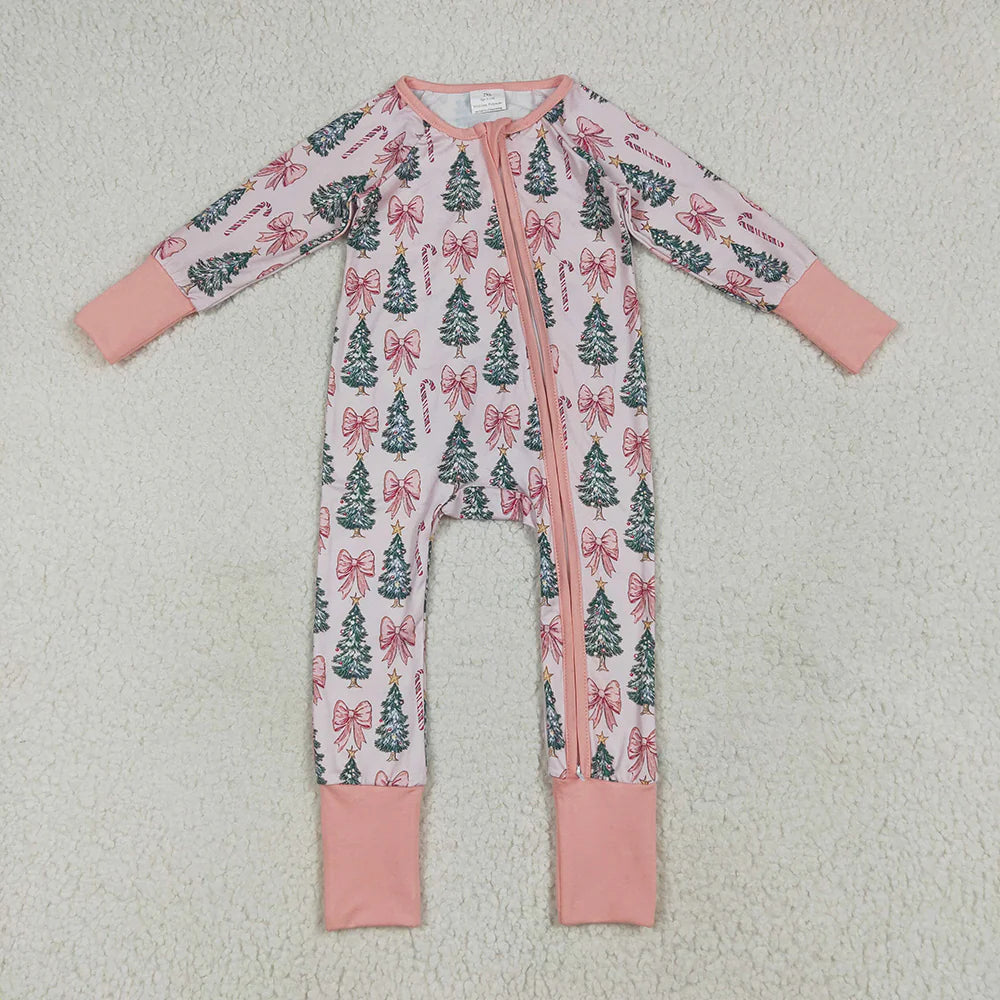 Sibling Kids Baby Girls Pink Christmas Trees Rompers Pajamas Sets