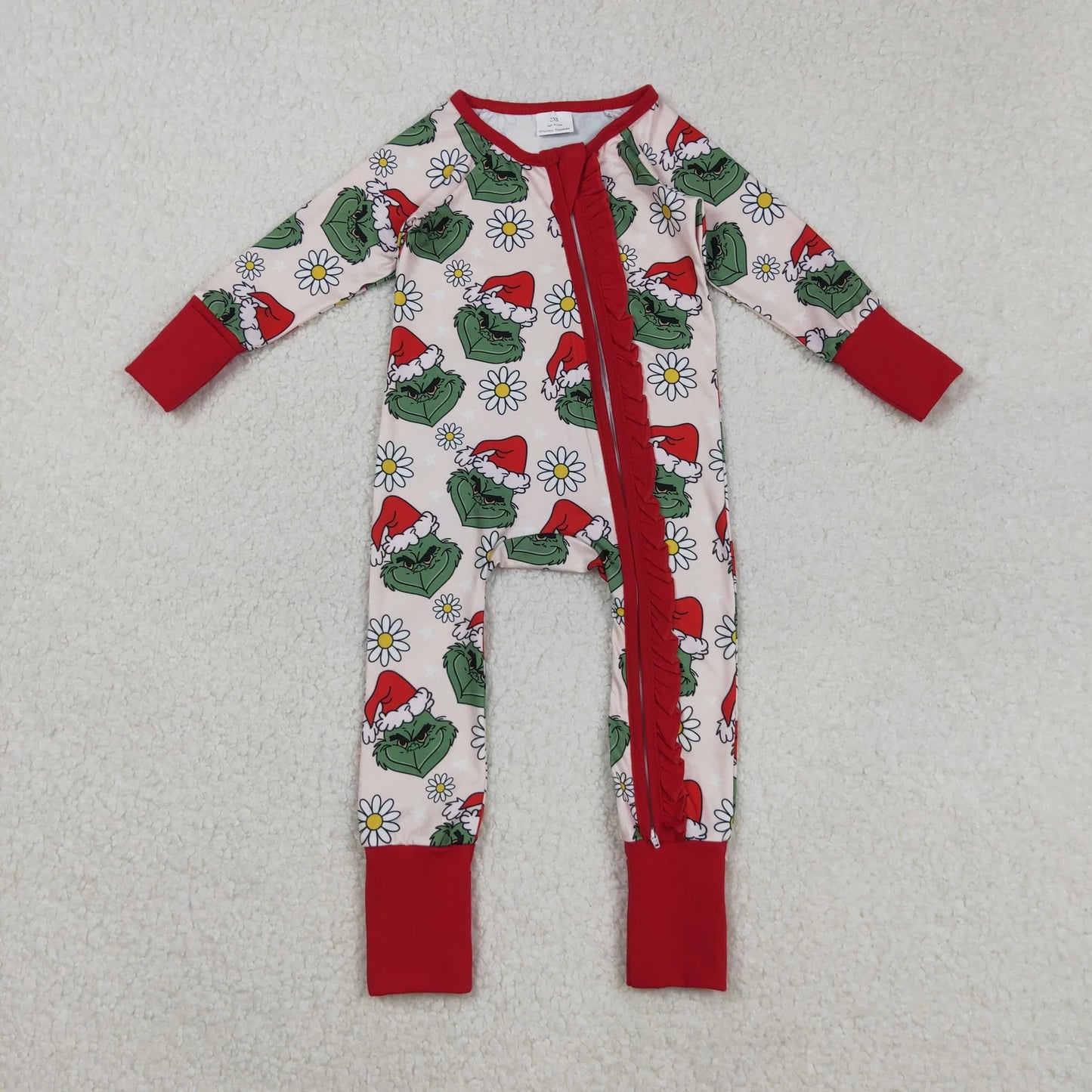 Sibling Girls Christmas Green Face Daisy Pajamas Set Zipper Footie Romper Knee Length Dress