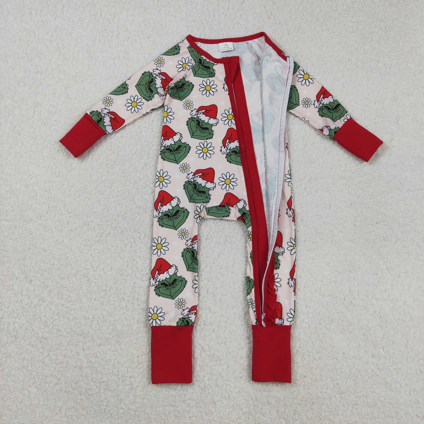 Sibling Girls Christmas Green Face Daisy Pajamas Set Zipper Footie Romper Knee Length Dress
