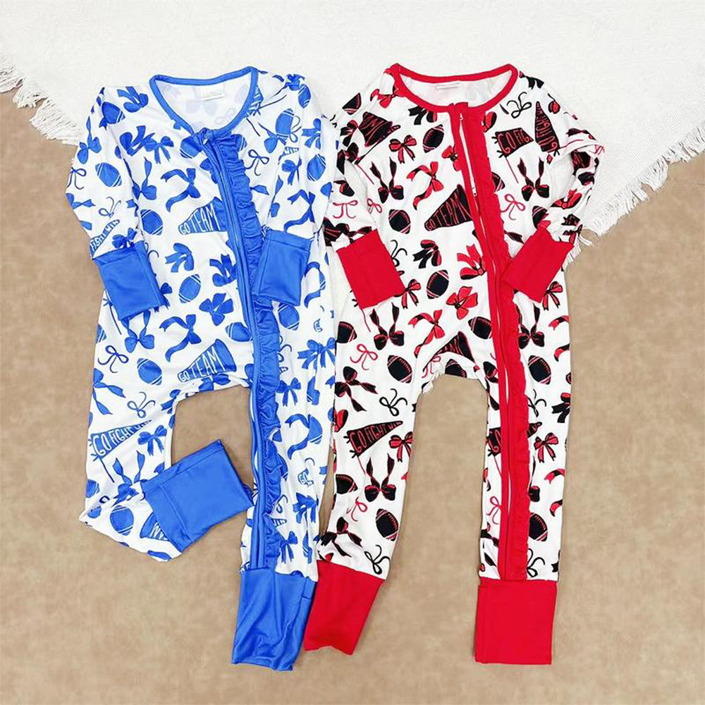 Sibling Baby Girls Gold Bows Footballs Go Team Ruffle Zipper Footie Rompers