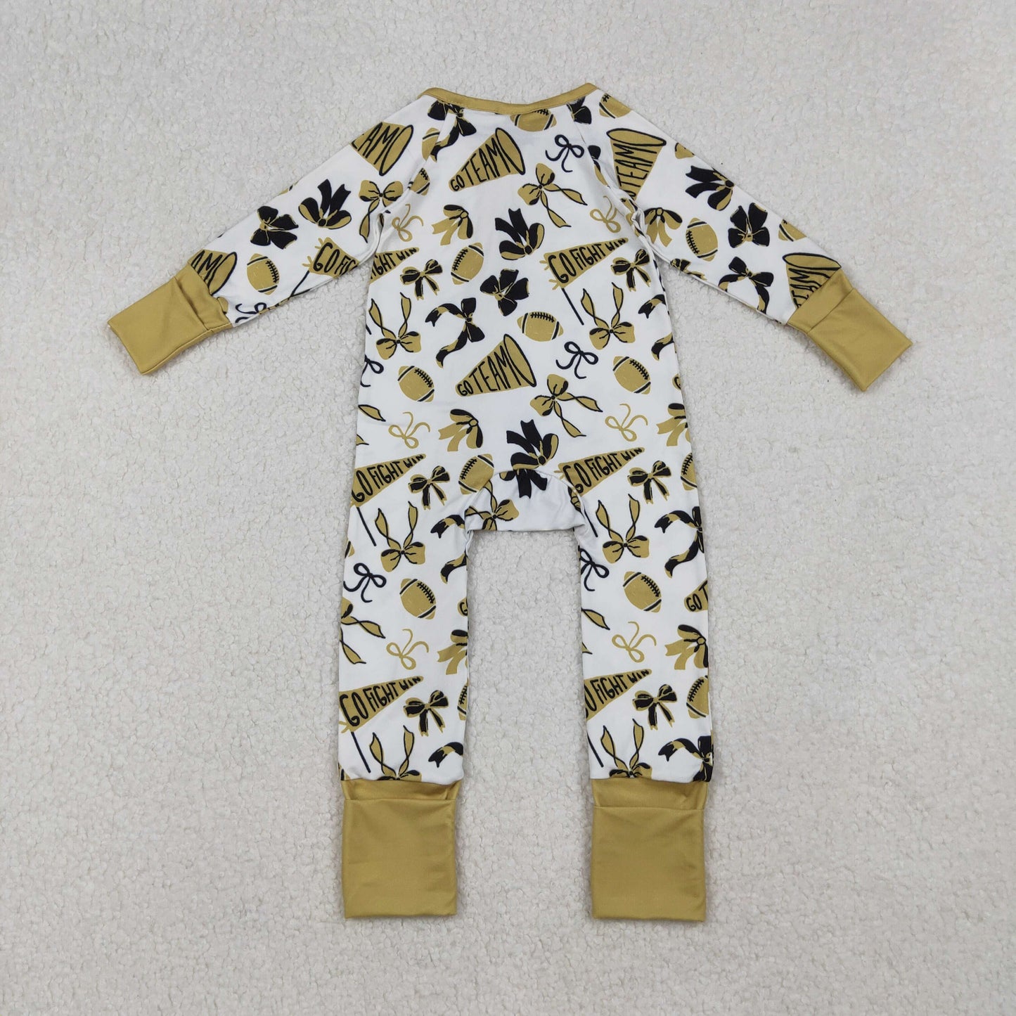 Sibling Baby Girls Gold Bows Footballs Go Team Ruffle Zipper Footie Rompers