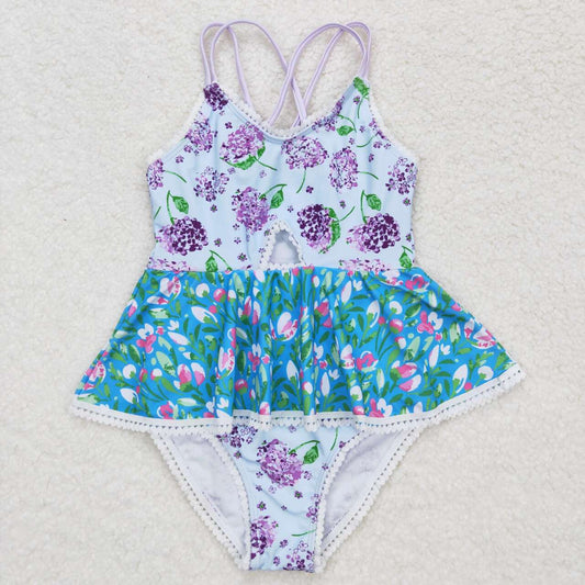 S0246 Purple floral lace teal halter one-piece swimsuit