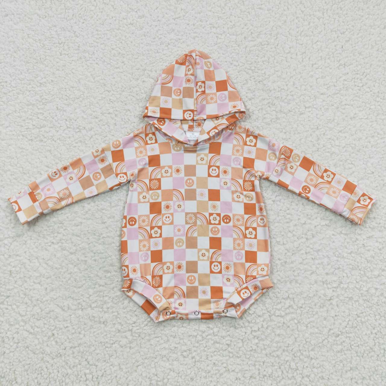 LR0271 Smiley face floral orange plaid hooded long-sleeved jumpsuit