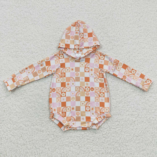 LR0271 Smiley face floral orange plaid hooded long-sleeved jumpsuit