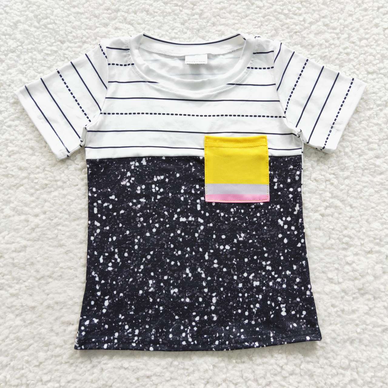 BT0235 Back to school striped yellow pinky green pocket black and white short-sleeved top