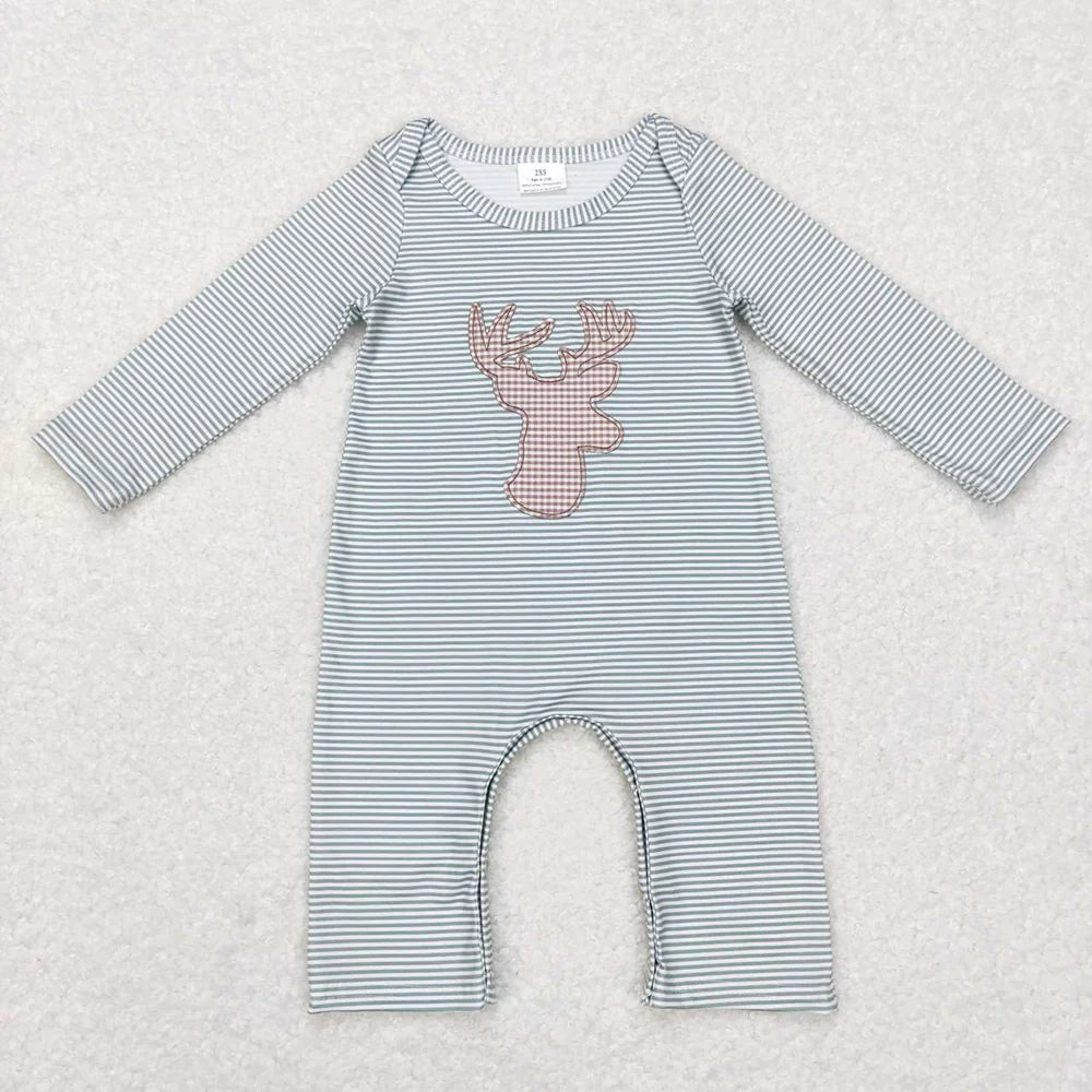 LR0694 Newborn Baby Kids Deer Camp Stripes Long Sleeve Rompers