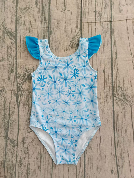 S0515 Preorder IRL Baby Girl Blue Flowers One Piece Swimsuits