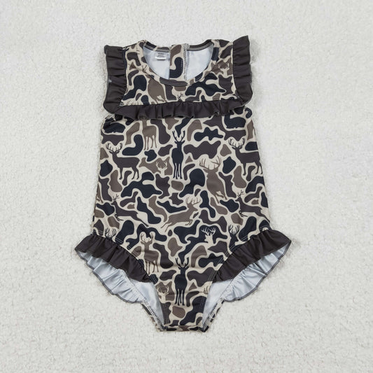 RTS NO MOQ(In Stock) S0597 Reindeer Camouflage Brown and Green Lace One-Piece Swimsuit