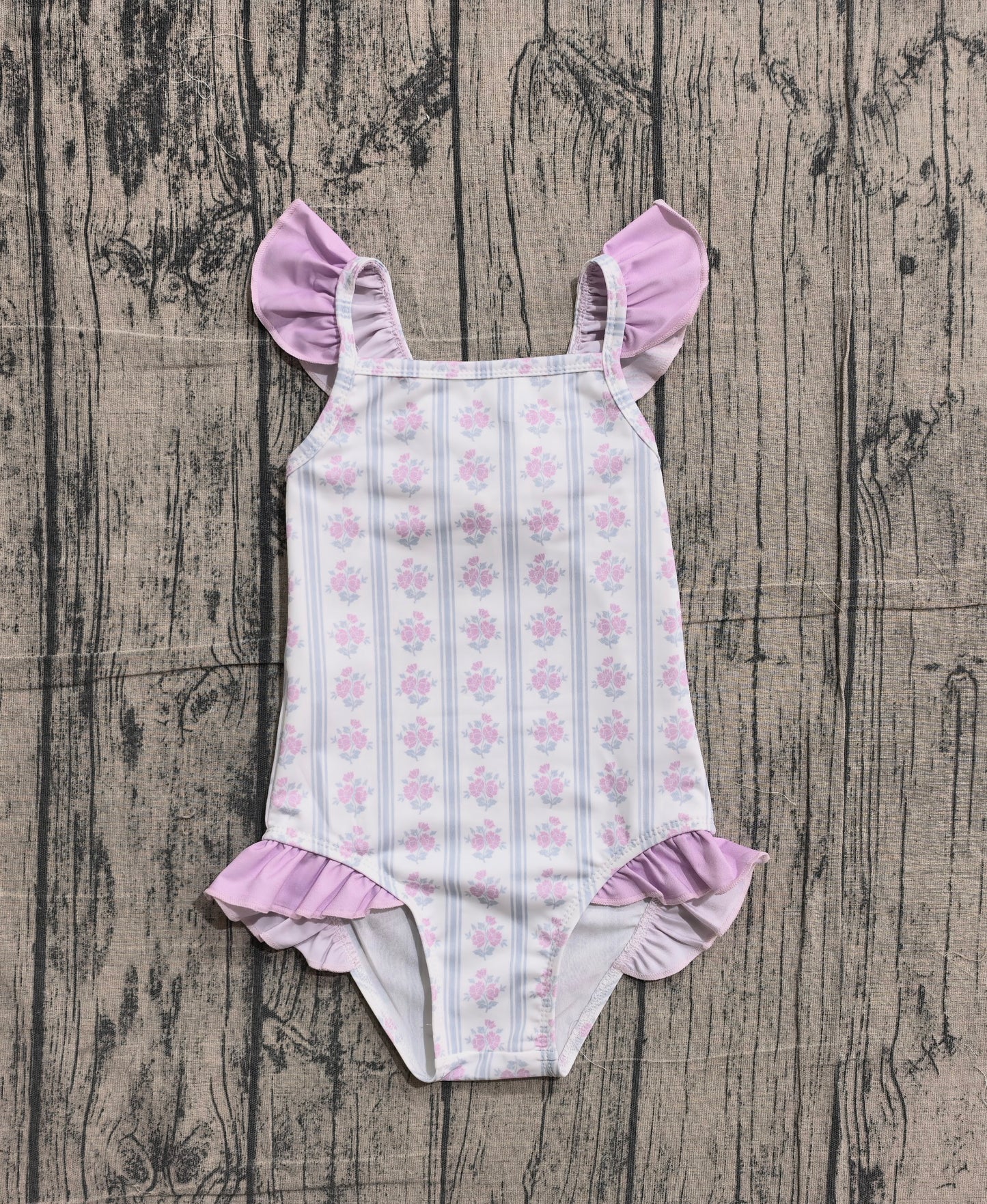 S0643 Preorder IRL Baby Girl Flowers Stripe Back Bows Romper Swimsuits