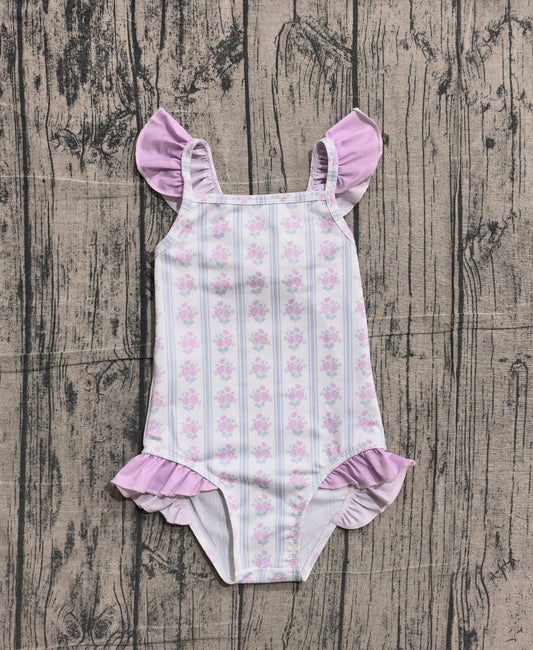 S0643 Preorder IRL Baby Girl Flowers Stripe Back Bows Romper Swimsuits