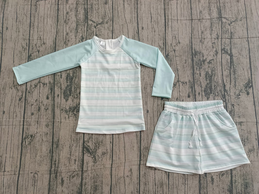 Pre-order no moq Baby Girl Aqua Stripe Zipper Top Pockets Shorts Swimsuits Clothes Sets S0649
