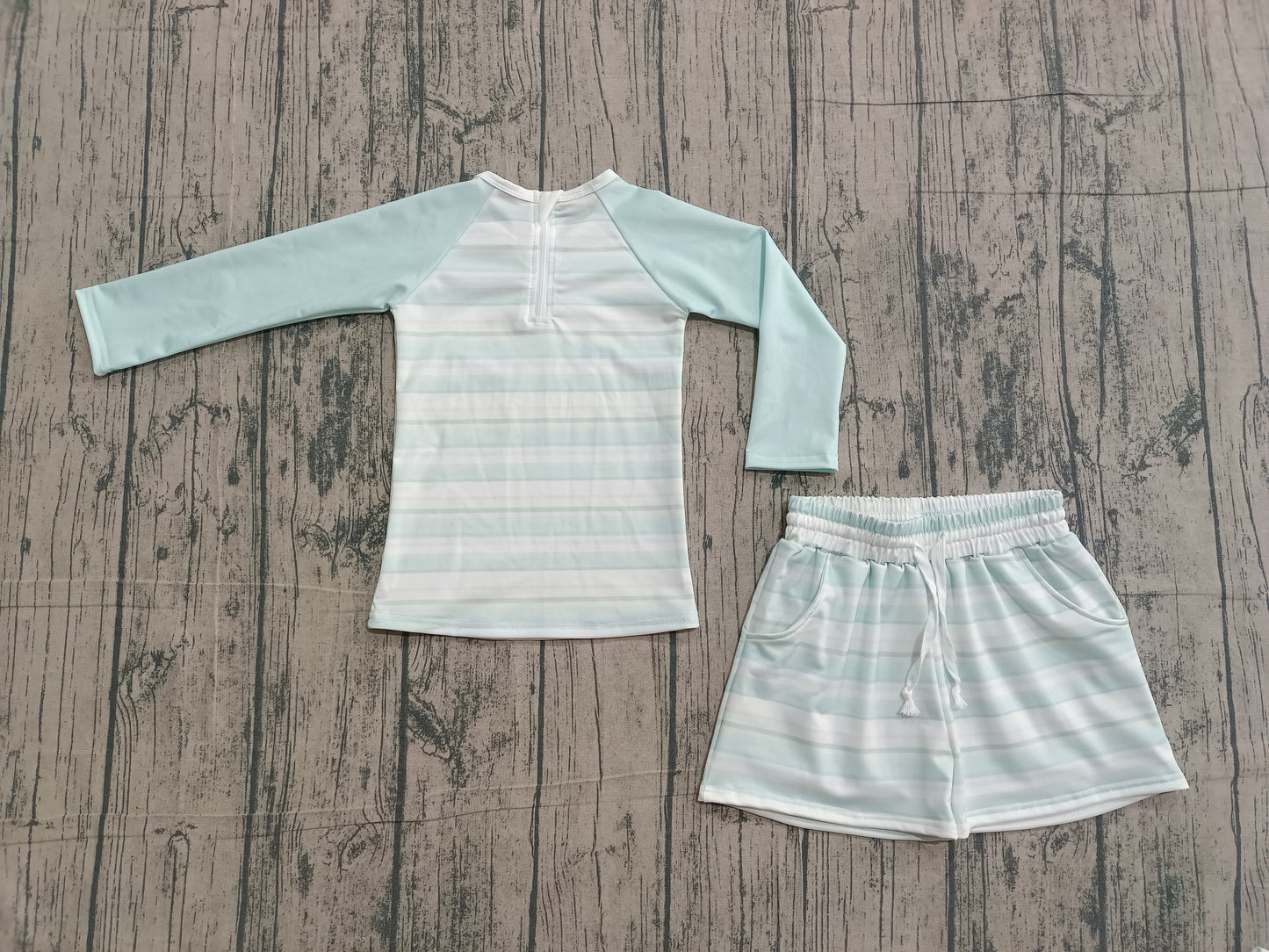Pre-order no moq Baby Girl Aqua Stripe Zipper Top Pockets Shorts Swimsuits Clothes Sets S0649