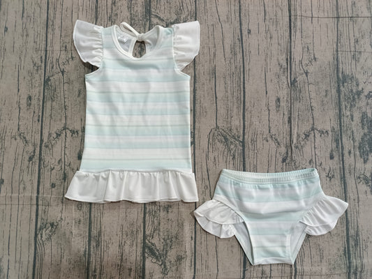 Pre-order Baby Girl Aqua Stripe Ruffle Top Bummies 2 Pieces Swimsuits Set S0652