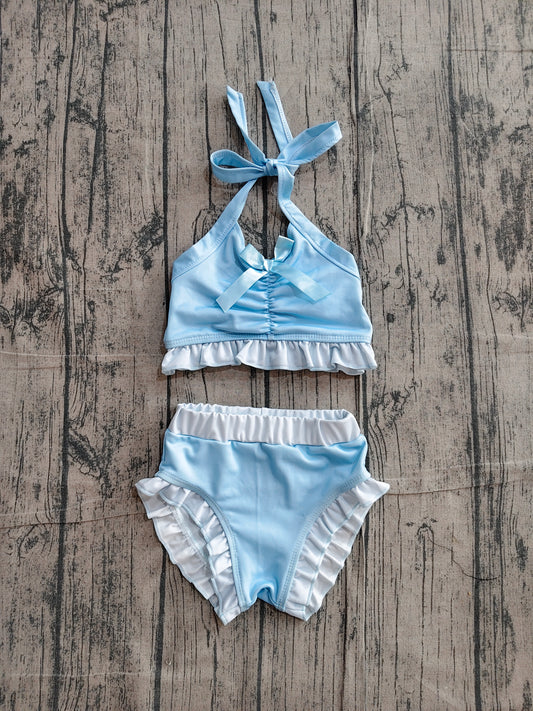 S0694 Preorder Sample Baby Girls Blue Strap Vest Bows Bummies 2 Pieces Swimsuits
