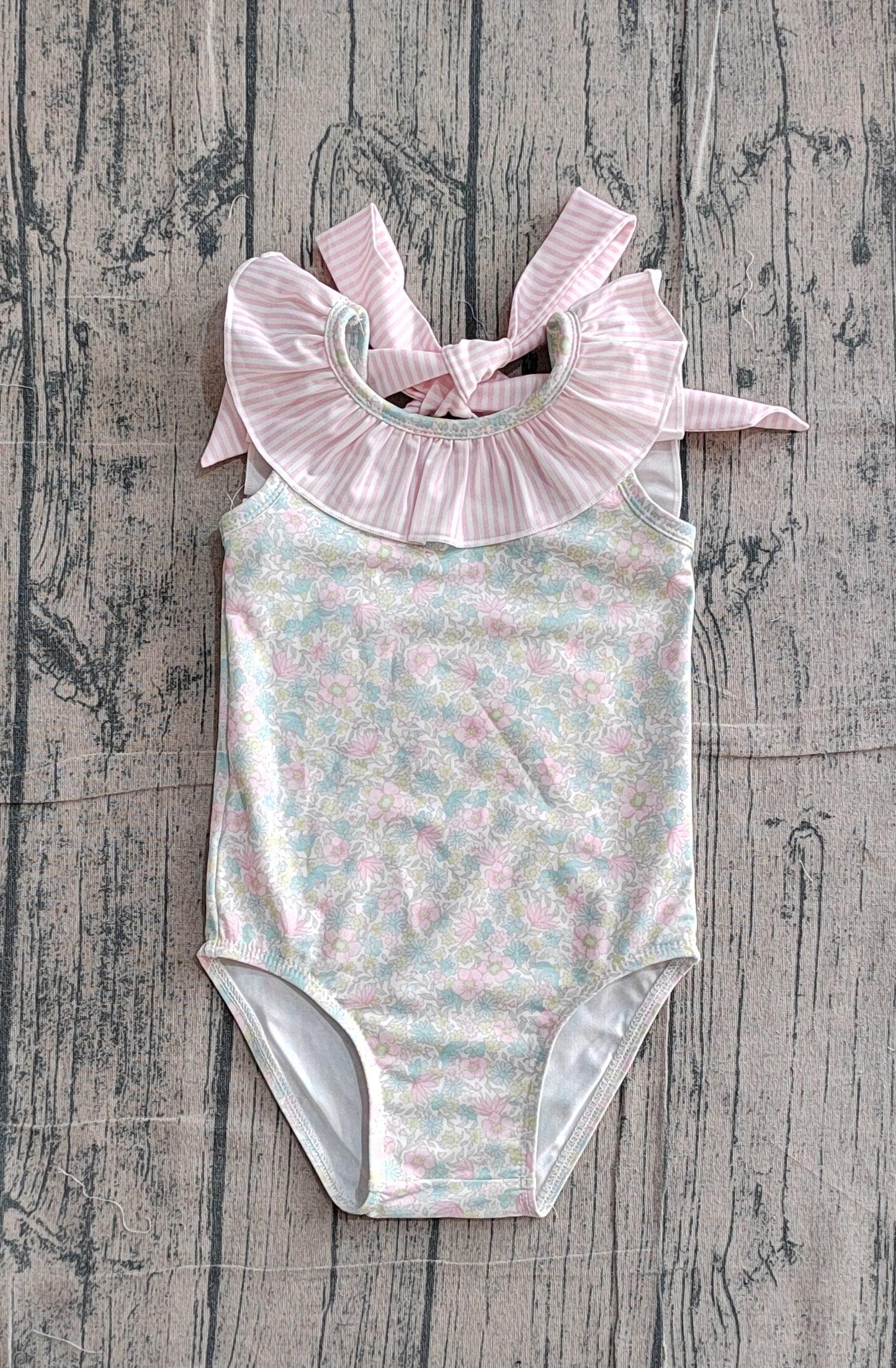 S0732 Preorder Sample Baby Girl Stripe Bow Flutter Sleeve Colorful Flowers Swimming Swimsuits