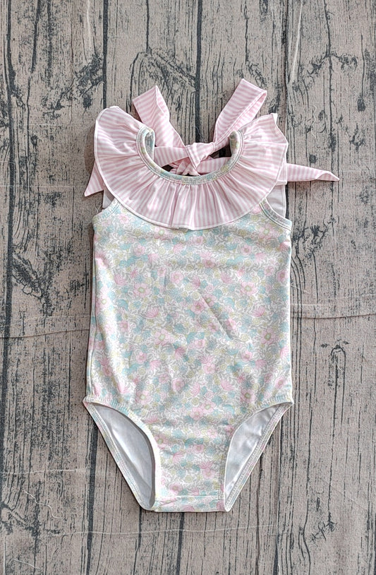 S0732 Preorder Sample Baby Girl Stripe Bow Flutter Sleeve Colorful Flowers Swimming Swimsuits