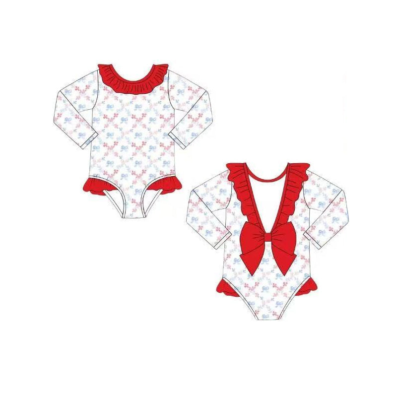 S0733 Preorder Baby Girl Long Sleeve Flower Checked Back Bow 4th of July Collar Swimsuits