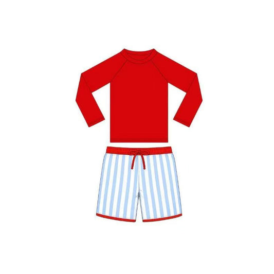 S0734 Preorder Baby Boy Red Long Sleeve Top Stripe Short 4th of July Swimming Clothes Sets