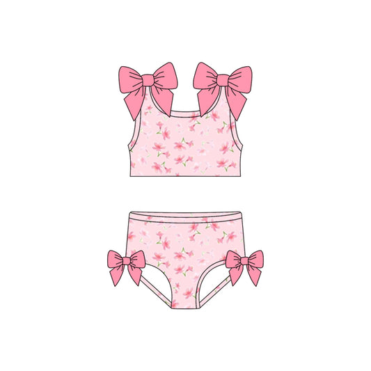 S0739 Preorder Baby Girls Pink Bows Sleeveless Flowers Top Bummies Swimsuits