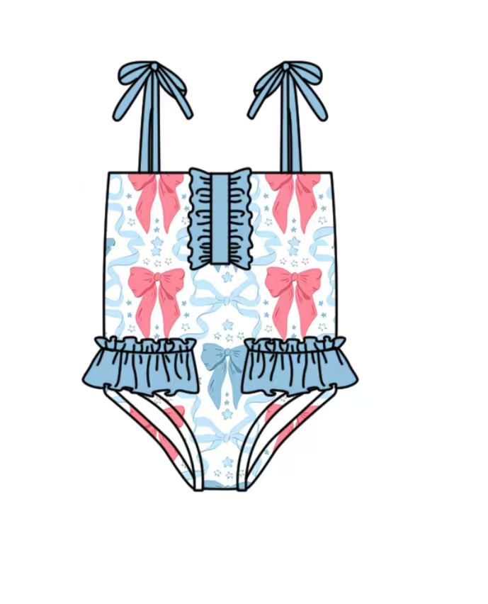 S0740 Preorder Baby Girl Strap Blue Red Bows 4th of July Swimsuits