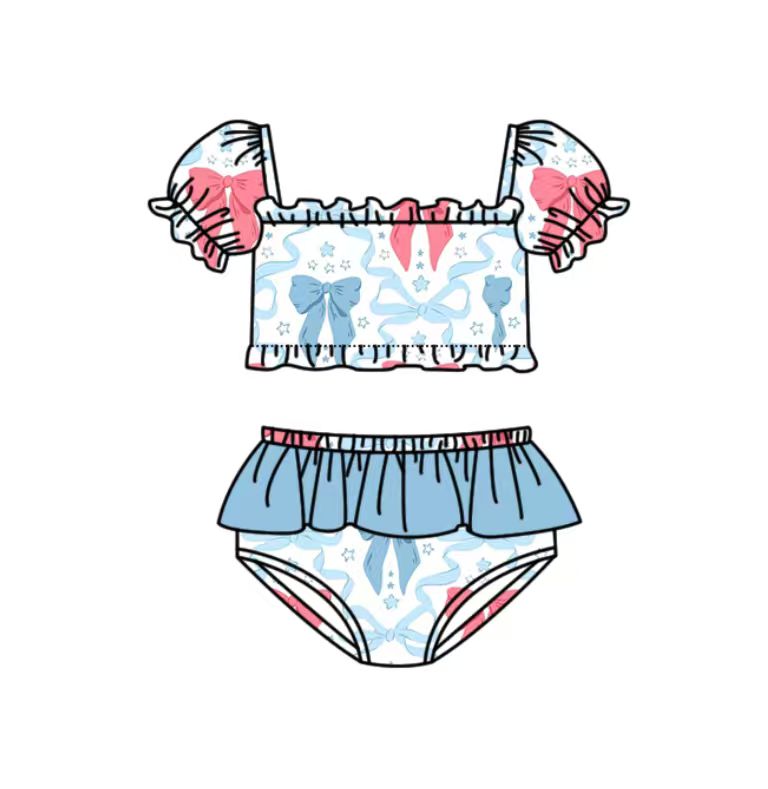 S0741 Preorder Baby Girl Blue Red Bows Stars Top Bummies 4th of July Swimsuits