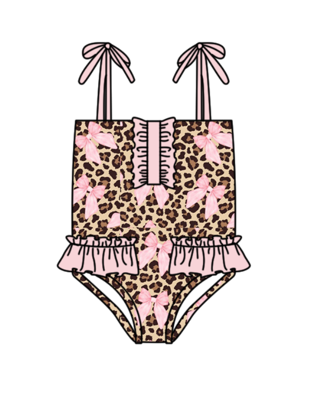 S0742 Preorder Baby Girl Strap Brown Leopard Pink Bows Swimsuits