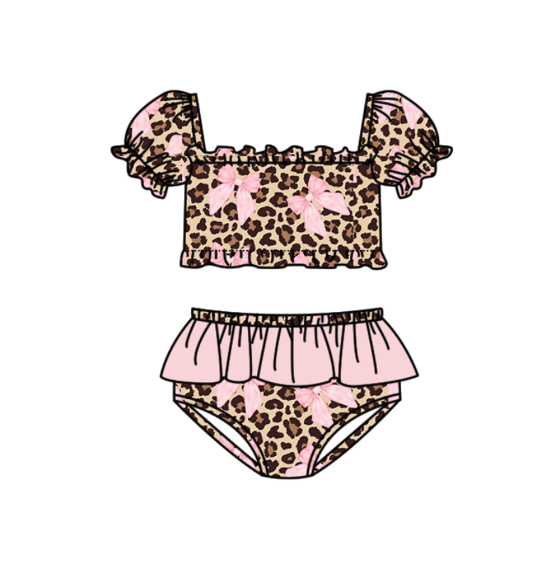 S0743 Preorder Baby Girl Brown Leopard Pink Bows Top Bummies Swimsuits