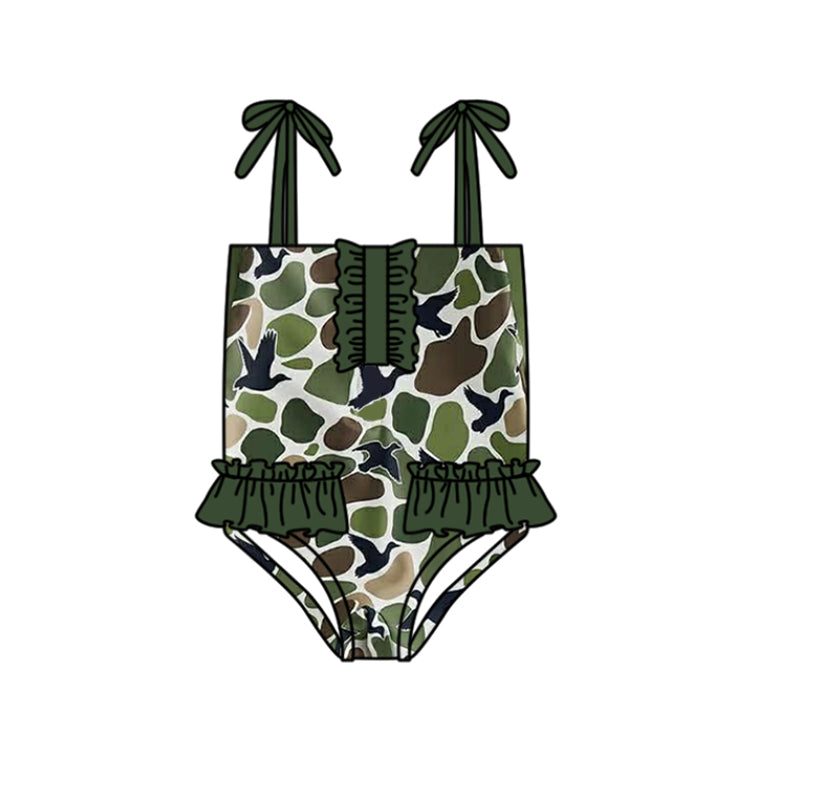 S0744 Preorder Baby Girl Strap Southern Green Camo Ducks Hunting Swimsuits