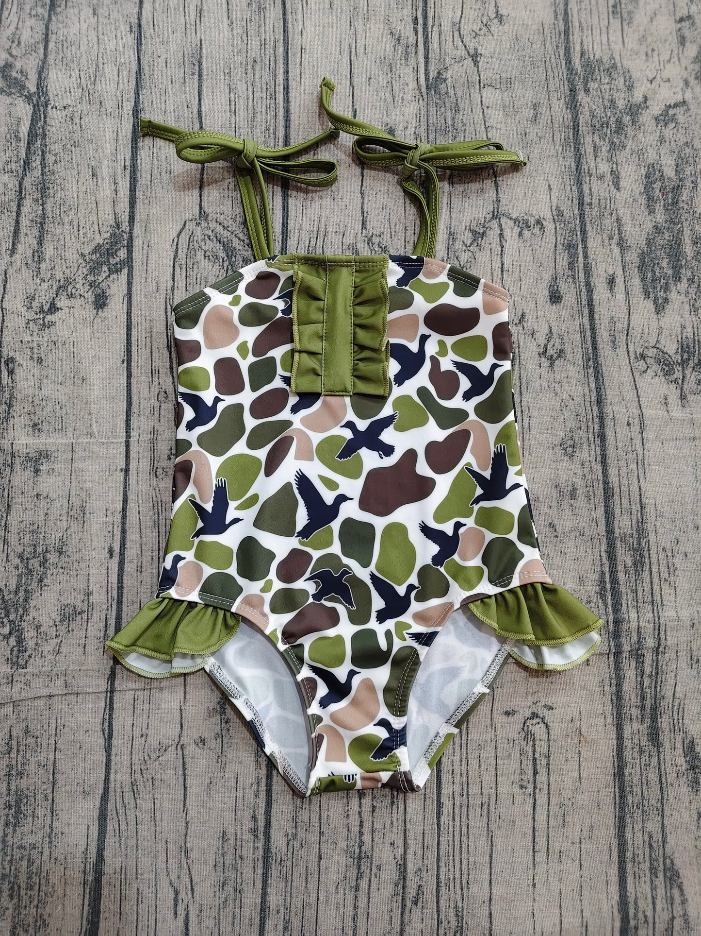 S0744 Preorder Sample Baby Girls Strap Southern Green Camo Ducks Hunting Swimsuits