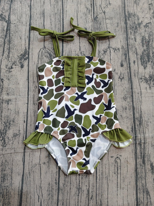 S0744 Preorder Sample Baby Girls Strap Southern Green Camo Ducks Hunting Swimsuits