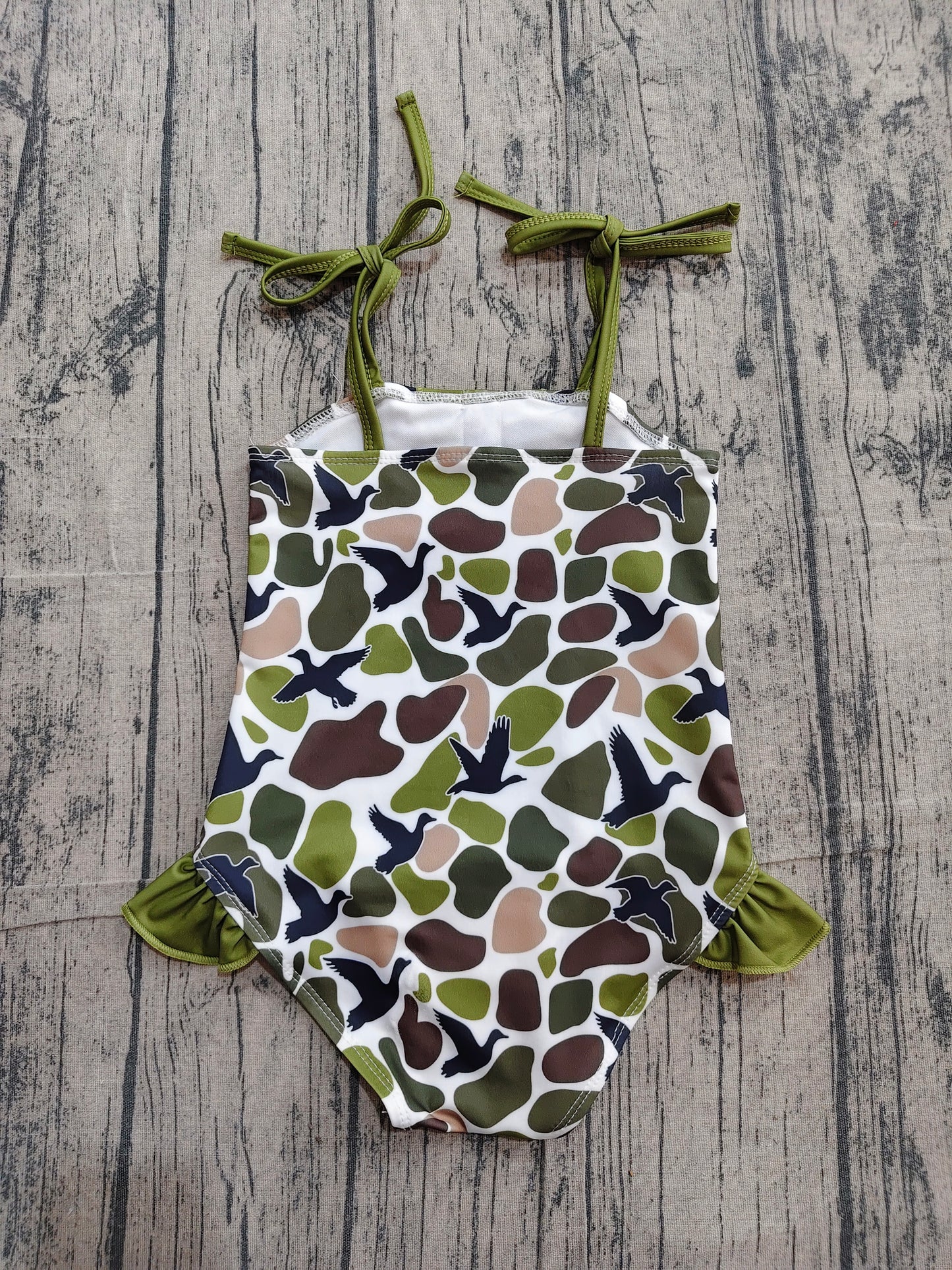 S0744 Preorder Sample Baby Girls Strap Southern Green Camo Ducks Hunting Swimsuits