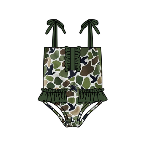 S0744 Preorder Baby Girl Strap Southern Green Camo Ducks Hunting Swimsuits