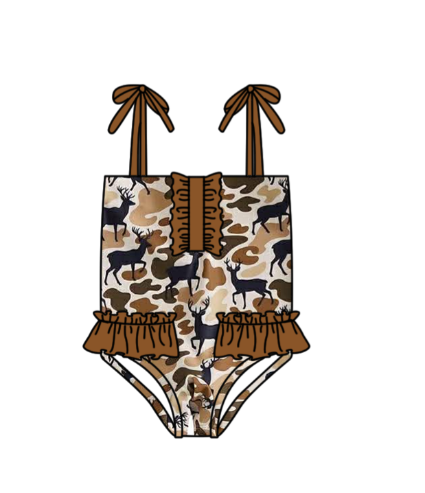 S0746 Preorder Baby Girl Strap Southern Brown Camo Deer Hunting Swimsuits