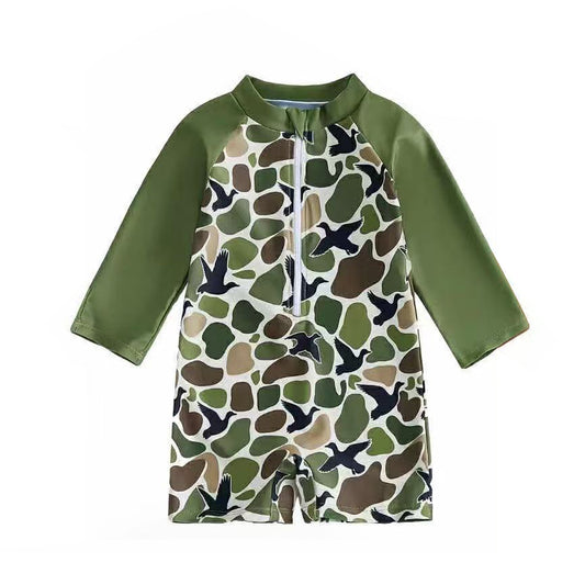 S0748 Preorder Baby Boy Southern Green Camo Ducks Hunting Swimsuits