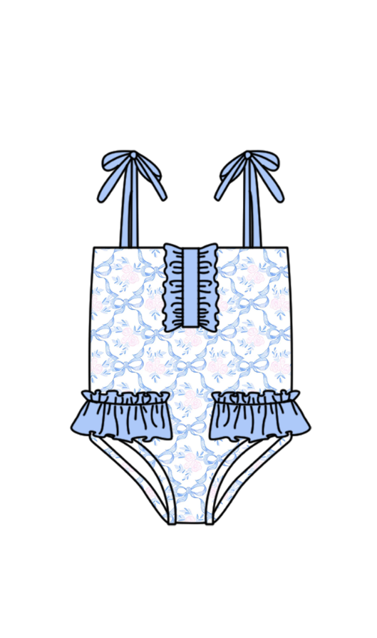 S0752 Preorder Baby Girl Blue Strap Flowers Bows Checked Swimsuits