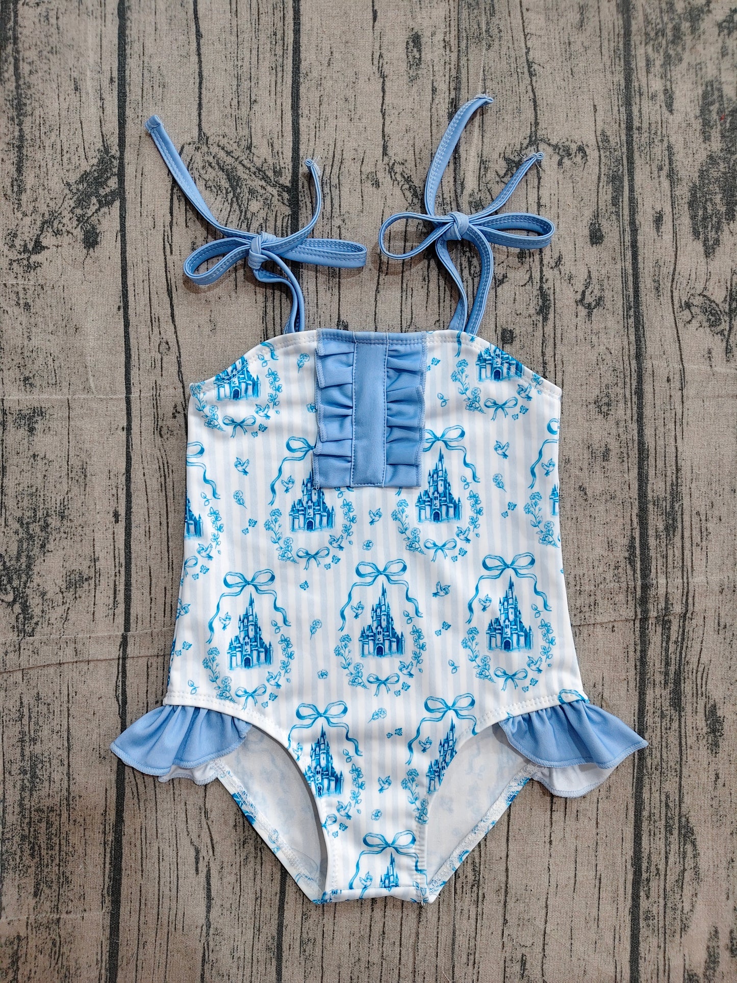 S0753 Preorder Sample Baby Girls Strap Blue Stripe Bows Castles Swimsuits