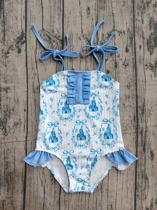 S0753 Preorder Sample Baby Girls Strap Blue Stripe Bows Castles Swimsuits