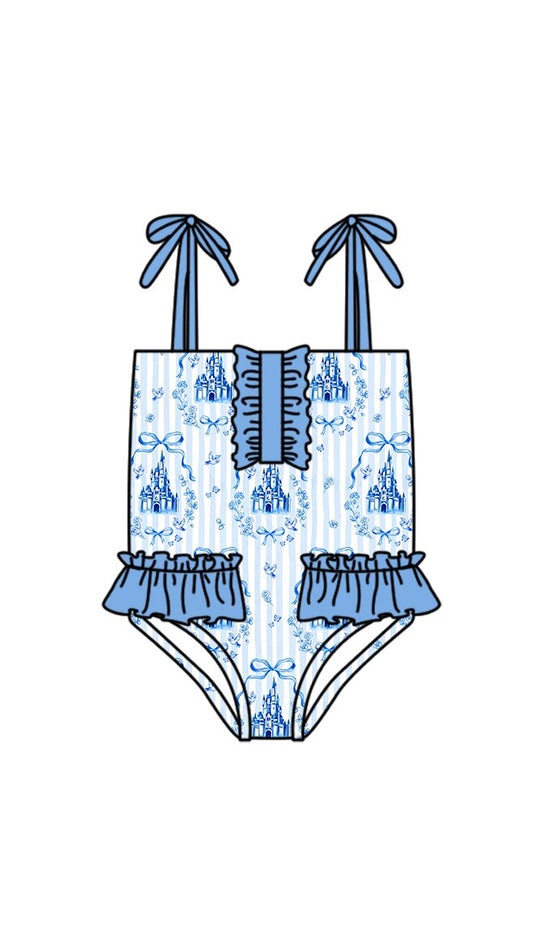 S0753 Preorder Baby Girl Strap Blue Stripe Bows Castles Swimsuits