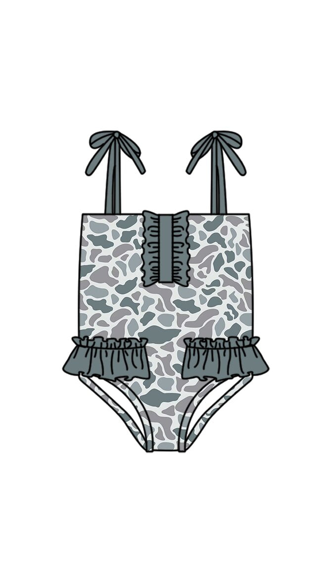 S0754 Preorder Baby Girl Strap Southern Grey Camo Swimsuits