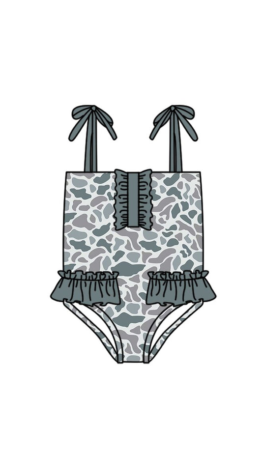 S0754 Preorder Baby Girl Strap Southern Grey Camo Swimsuits