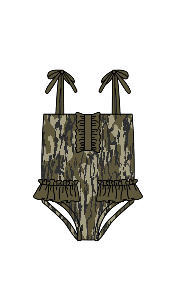 S0755 Preorder Baby Girl Strap Southern Olive Camo Swimsuits
