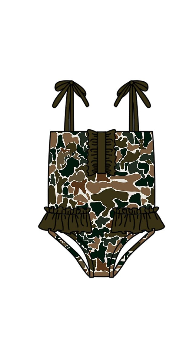 S0756 Preorder Baby Girl Strap Southern Dark Brown Camo Swimsuits