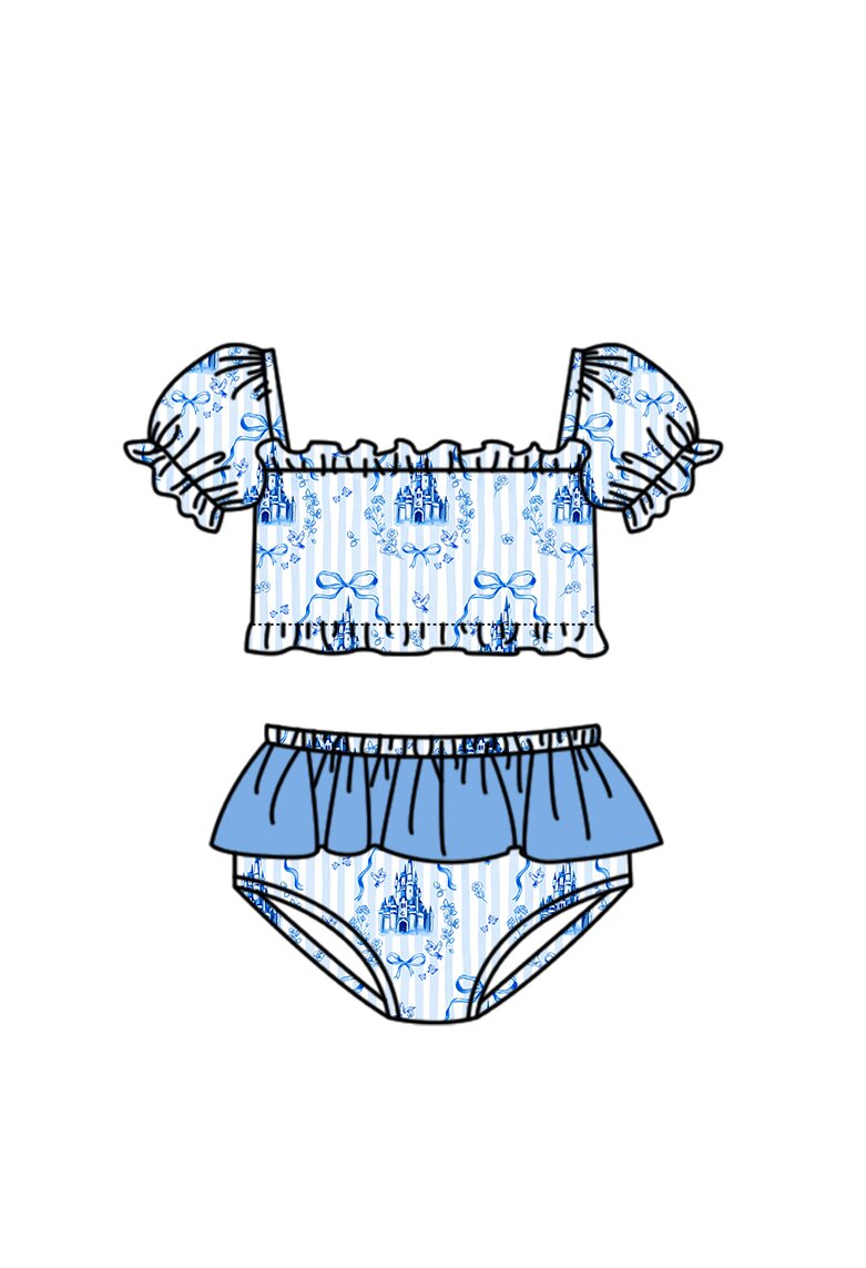 S0758 Preorder Baby Girl Blue Stripe Bows Castles Top Bummies Swimsuits
