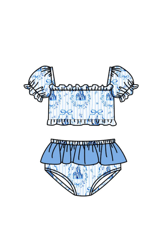 S0758 Preorder Baby Girl Blue Stripe Bows Castles Top Bummies Swimsuits