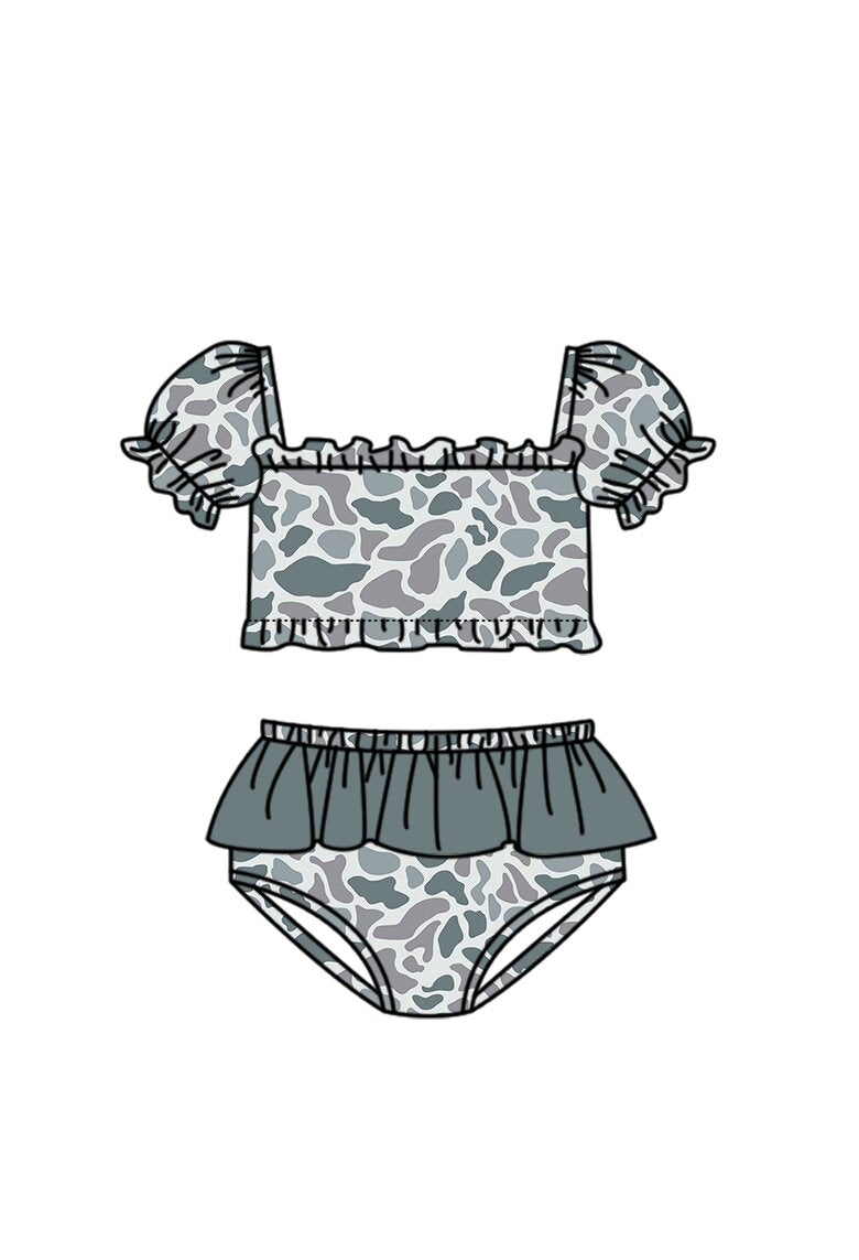 S0759 Preorder Baby Girl Southern Grey Camo Top Bummies Swimsuits