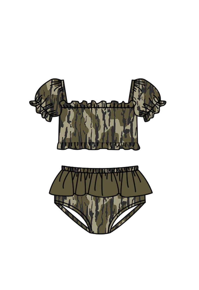 S0760 Preorder Baby Girl Southern Olive Camo Top Bummies Swimsuits