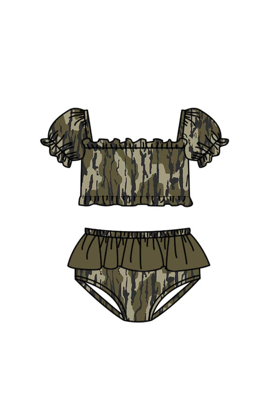 S0760 Preorder Baby Girl Southern Olive Camo Top Bummies Swimsuits