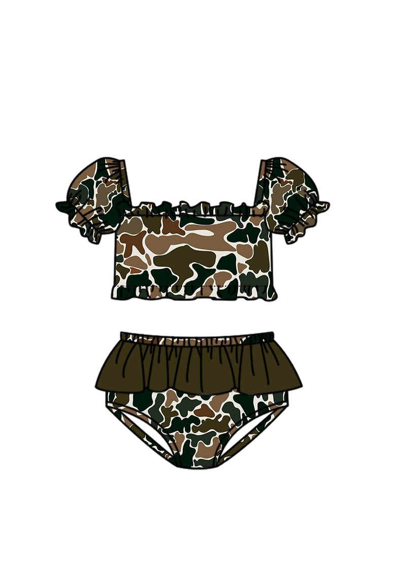 S0761 Preorder Baby Girl Southern Dark Brown Camo Top Bummies Swimsuits