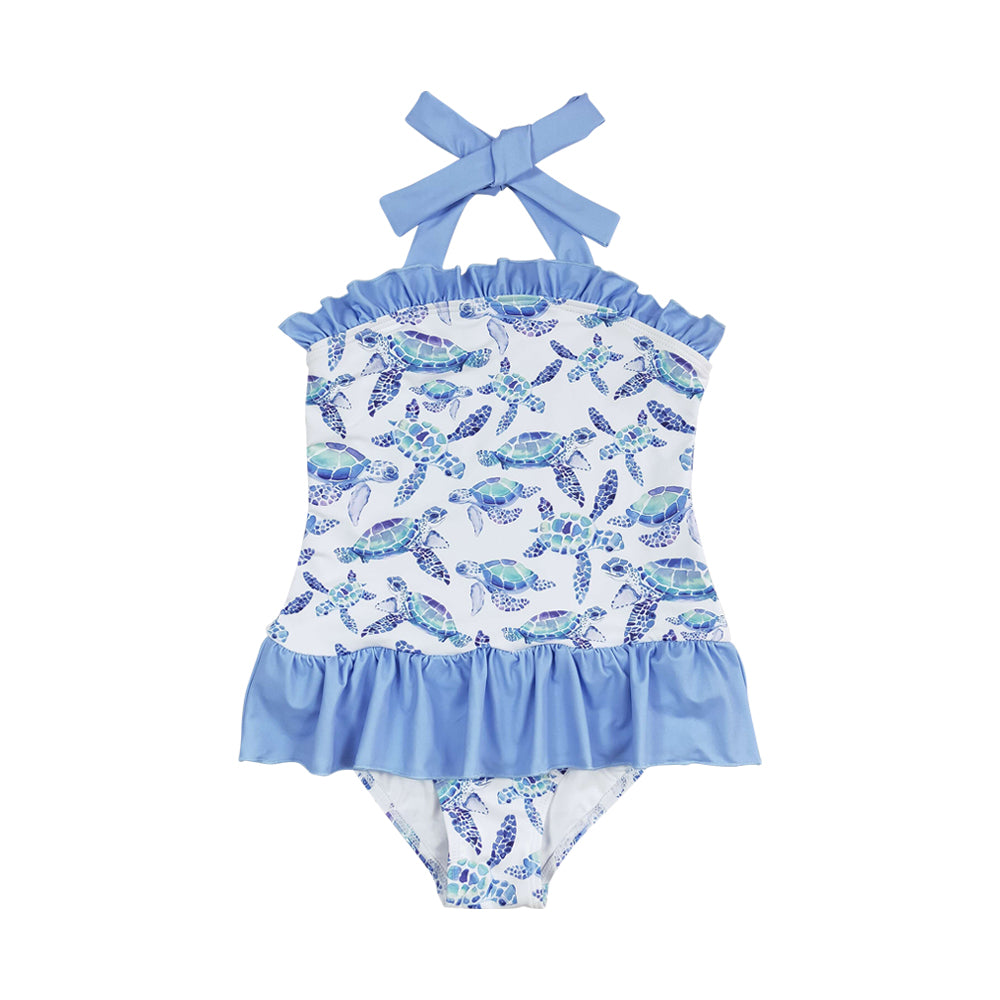 S0762 Preorder Baby Girl Blue Strap Tortoises Plaid Swimsuits