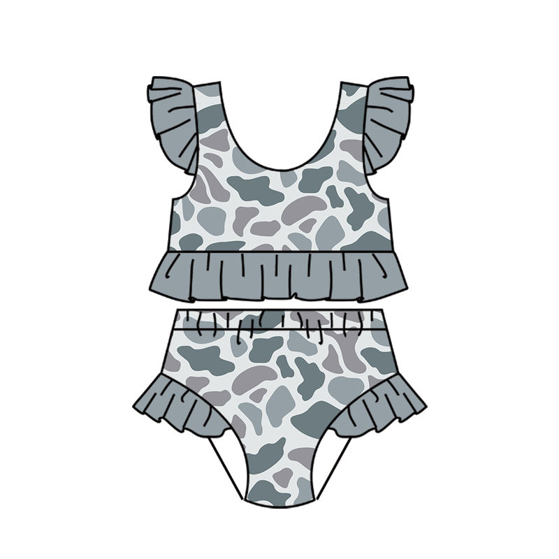 S0765 Preorder Baby Girl Southern Light Grey Camo Top Bummies Swimsuits